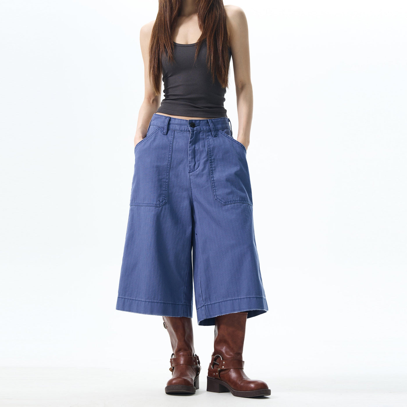 Retro Blue Wide Cargo Shorts Korean Street Fashion Shorts By 77Flight Shop Online at OH Vault