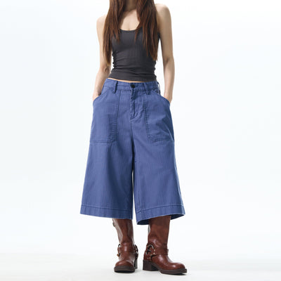 Retro Blue Wide Cargo Shorts Korean Street Fashion Shorts By 77Flight Shop Online at OH Vault