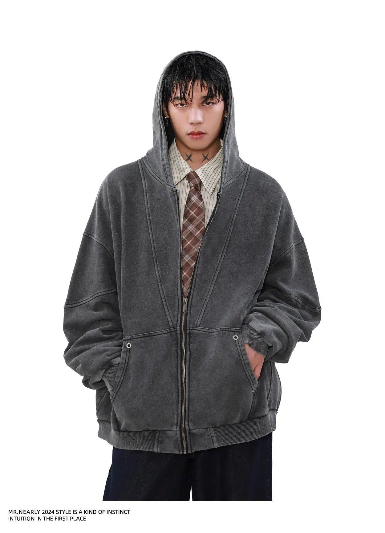 Heavy Washed Pocket Zip-Up Hoodie Korean Street Fashion Hoodie By Mr Nearly Shop Online at OH Vault