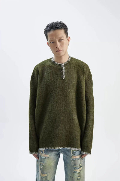 Hand-Stitched Henry Collar Sweater Korean Street Fashion Sweater By Ash Dark Shop Online at OH Vault