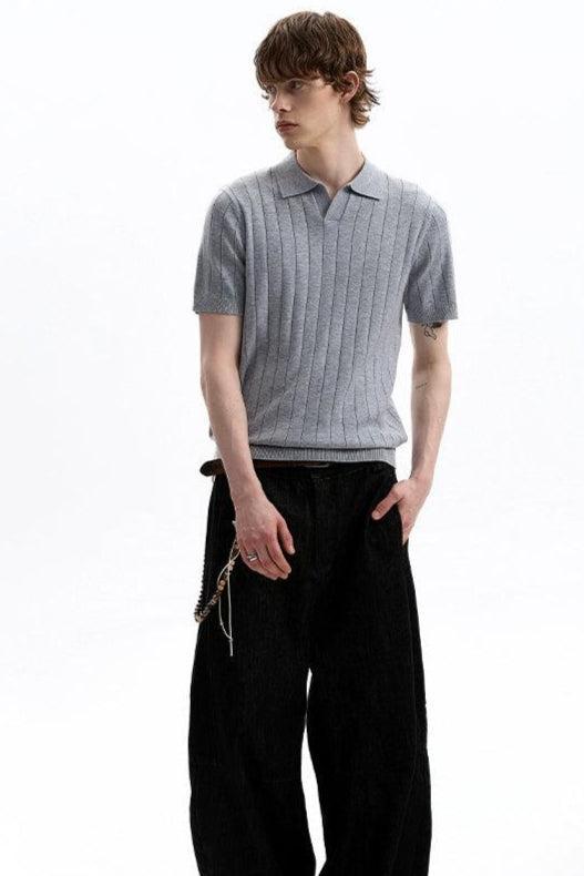 Textured V-Neck Knit Polo Korean Street Fashion Polo By A PUEE Shop Online at OH Vault