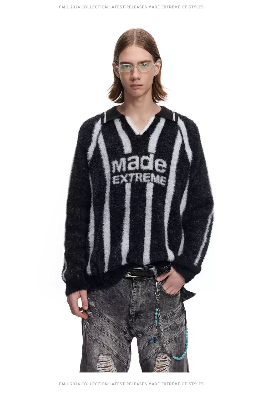 Logo Striped V-Neck Sweater Korean Street Fashion Sweater By Made Extreme Shop Online at OH Vault