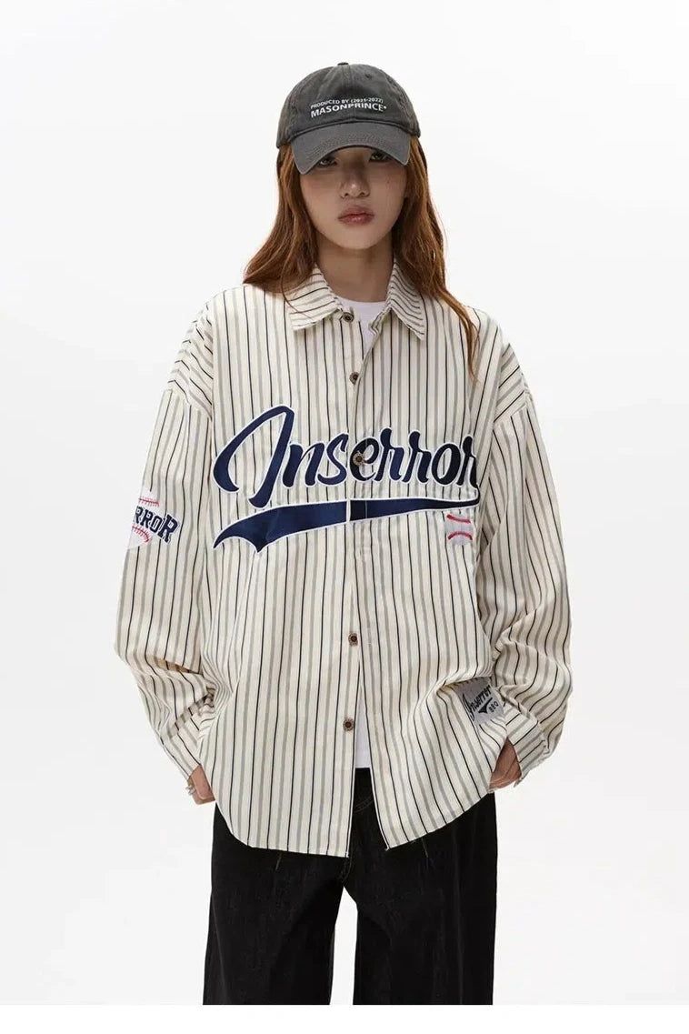 Striped Letters Loose Fit Shirt Korean Street Fashion Shirt By Apocket Shop Online at OH Vault