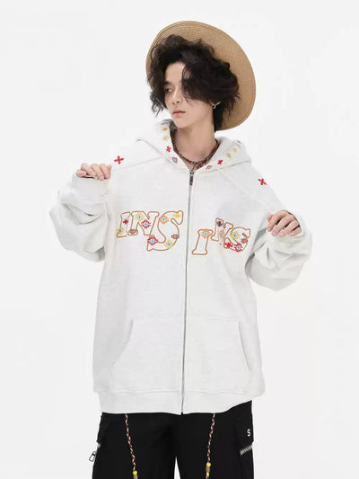 Embroidered Logo & Pattern Hoodie Korean Street Fashion Hoodie By INS Korea Shop Online at OH Vault