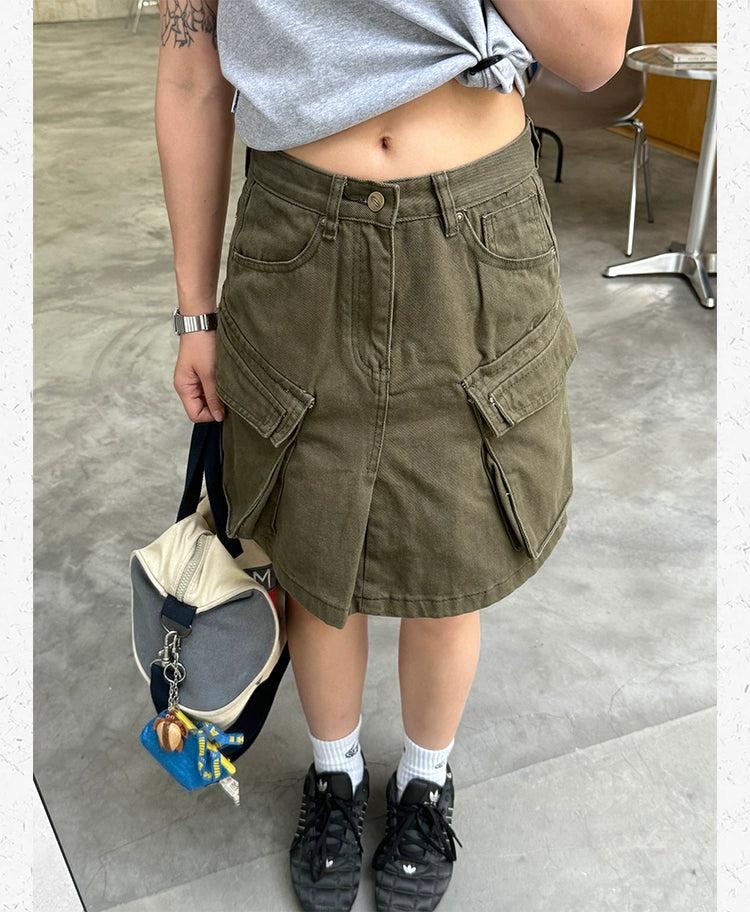 Multi-Pocket Cargo Denim Skirt Korean Street Fashion Skirt By Made Extreme Shop Online at OH Vault