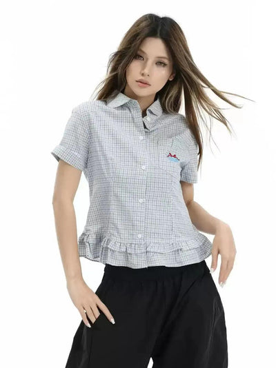 Checkered Ruffles End Shirt Korean Street Fashion Shirt By INS Korea Shop Online at OH Vault