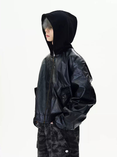 Spliced Hood Bomber Leather Jacket Korean Street Fashion Jacket By MaxDstr Shop Online at OH Vault