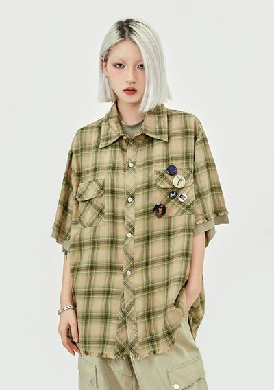 Layered 2-in-1 T-Shirt & Plaid Shirt Korean Street Fashion Shirt By Made Extreme Shop Online at OH Vault