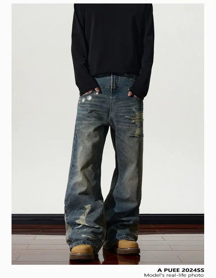 Metallic Ripped Flared Jeans Korean Street Fashion Jeans By A PUEE Shop Online at OH Vault