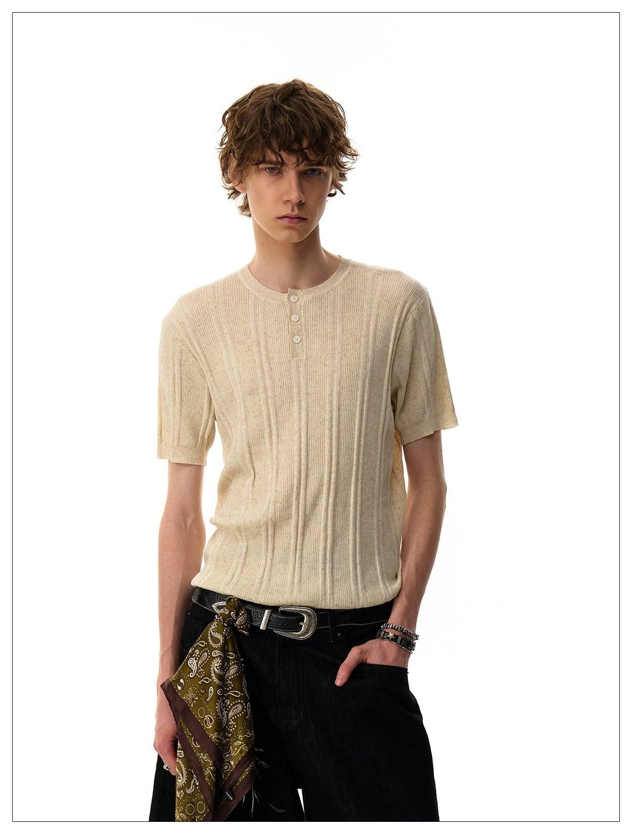 Henley Collar Knit T-Shirt Korean Street Fashion T-Shirt By Mr Nearly Shop Online at OH Vault