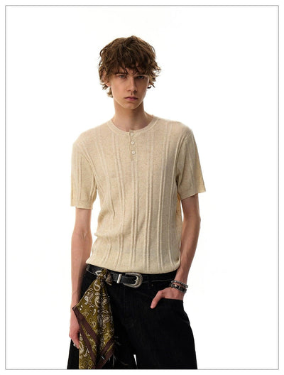 Henley Collar Knit T-Shirt Korean Street Fashion T-Shirt By Mr Nearly Shop Online at OH Vault