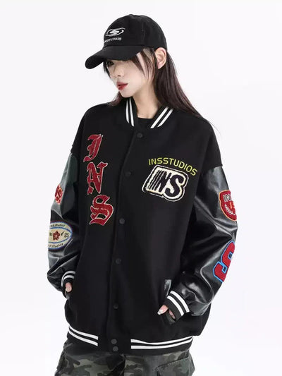 Spliced Faux Leather Sleeve Varsity Jacket Korean Street Fashion Jacket By INS Korea Shop Online at OH Vault