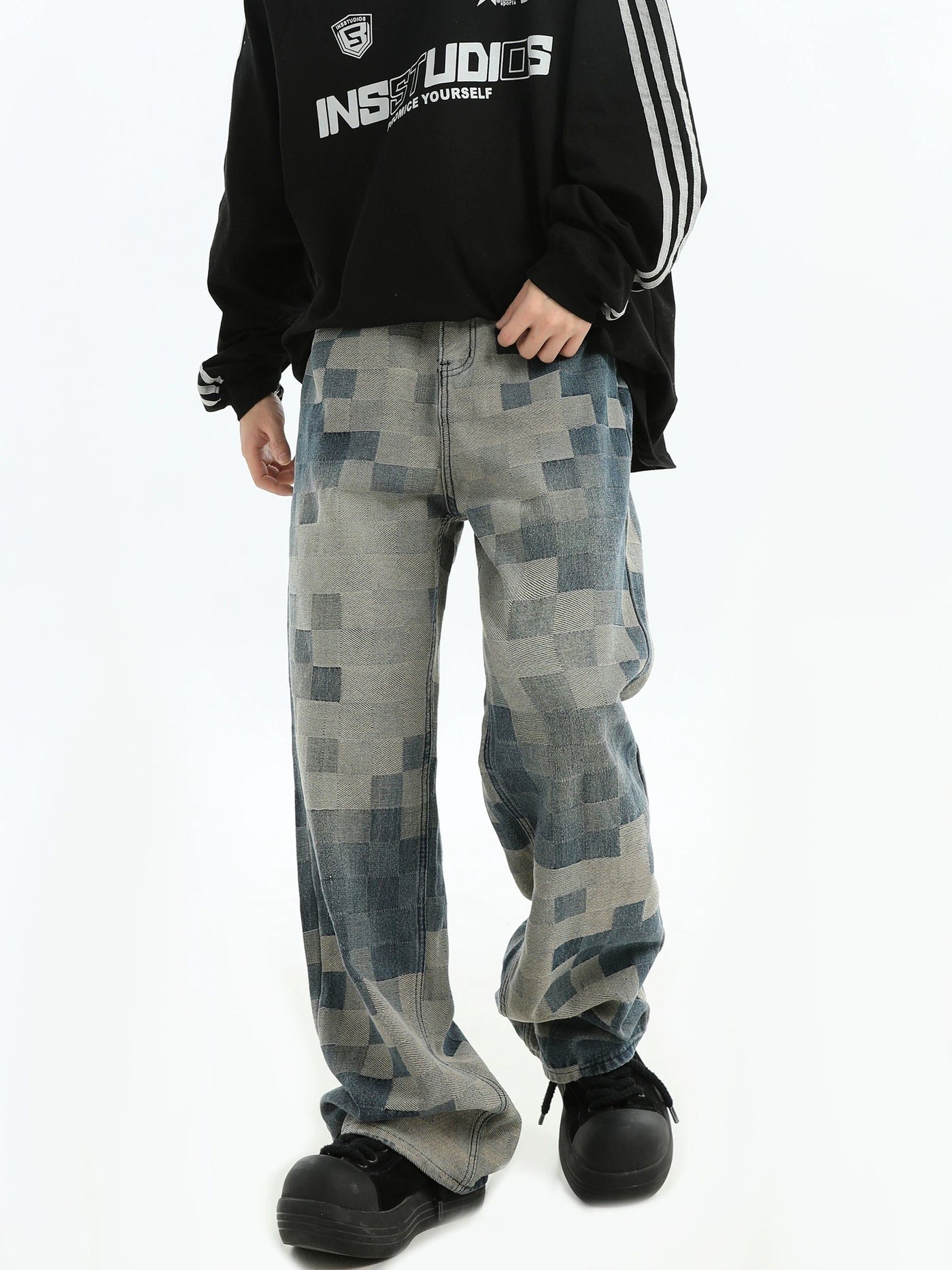 Pixel Pattern Detail Jeans Korean Street Fashion Jeans By INS Korea Shop Online at OH Vault