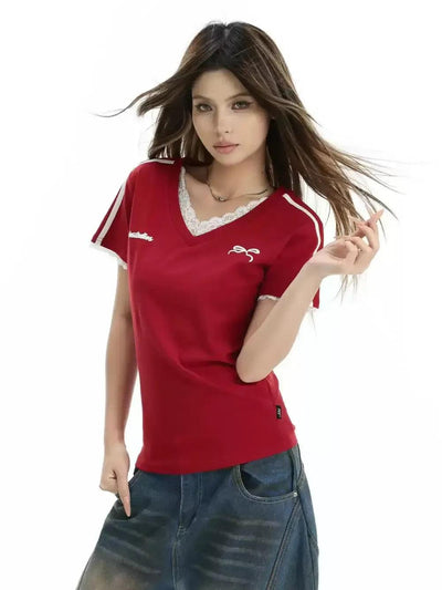Lace Stitched Slim Fit V-Neck T-Shirt Korean Street Fashion T-Shirt By INS Korea Shop Online at OH Vault