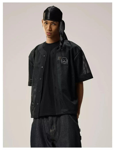 Embroidered Mesh Collarless Shirt Korean Street Fashion Shirt By Remedy Shop Online at OH Vault