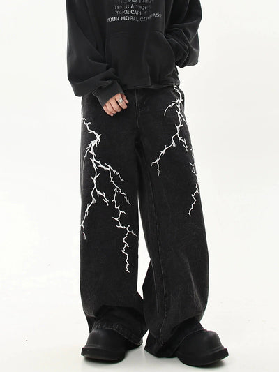 Lightning Pattern Embroidery Jeans Korean Street Fashion Jeans By Blacklists Shop Online at OH Vault