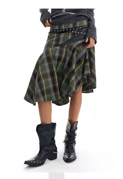 Spliced and Plaid Flowy Skirt Korean Street Fashion Skirt By Conp Conp Shop Online at OH Vault