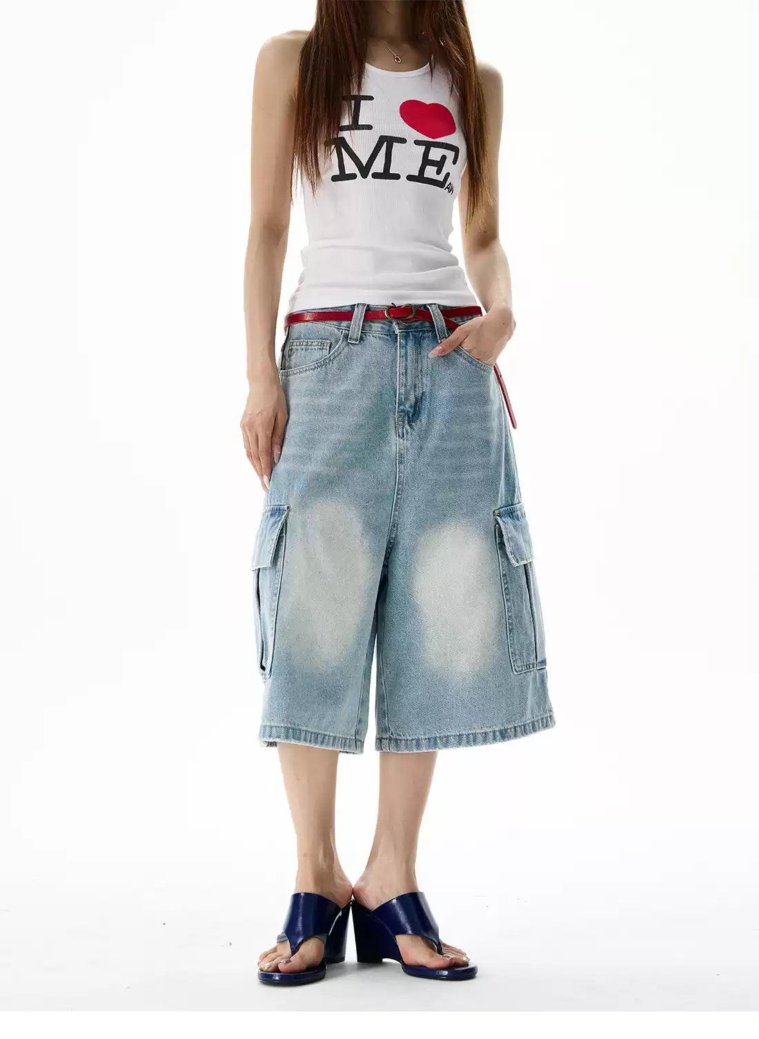 Faded Highlight Denim Shorts Korean Street Fashion Shorts By 77Flight Shop Online at OH Vault