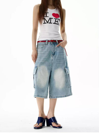 Faded Highlight Denim Shorts Korean Street Fashion Shorts By 77Flight Shop Online at OH Vault