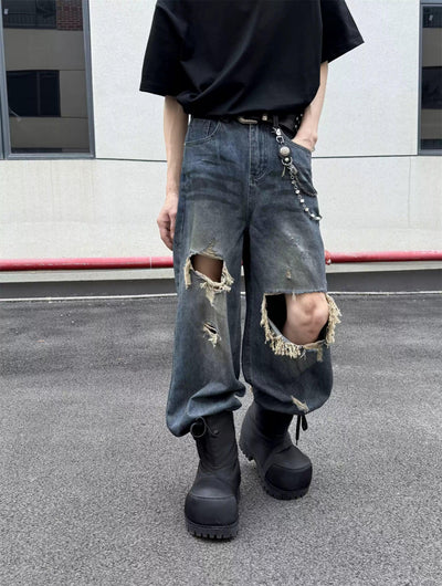 Distressed Knee Detail Jeans Korean Street Fashion Jeans By Ash Dark Shop Online at OH Vault