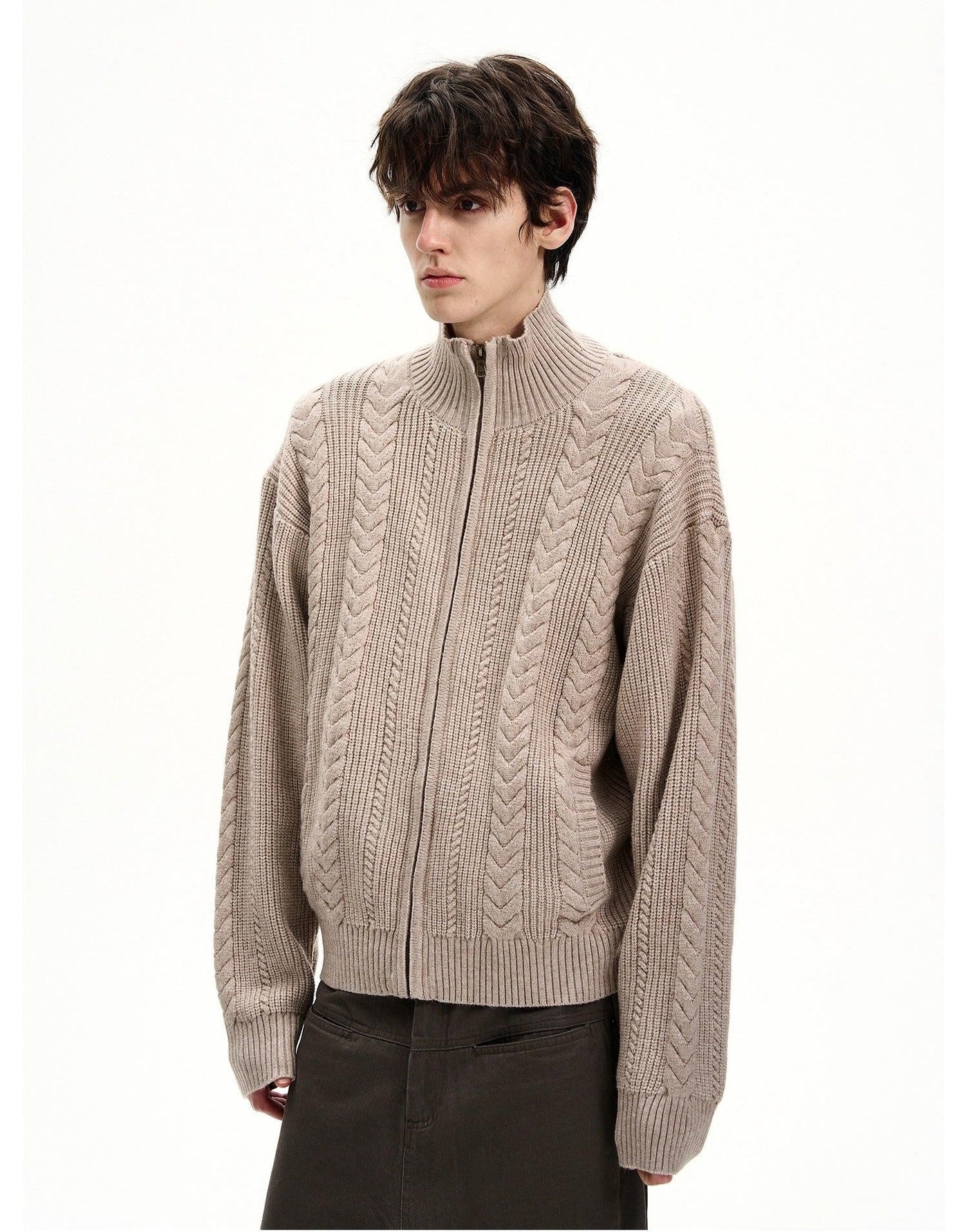 Stand Collar Cable Knit Zipped Jacket Korean Street Fashion Jacket By MaxDstr Shop Online at OH Vault