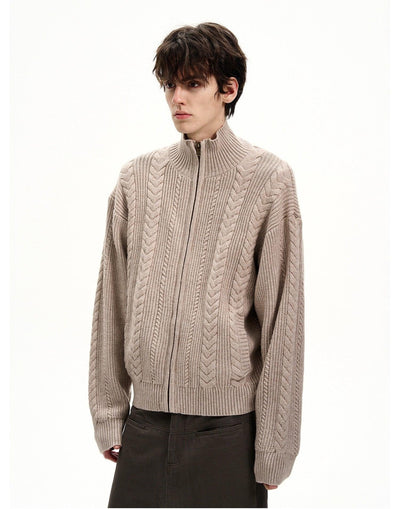 Stand Collar Cable Knit Zipped Jacket Korean Street Fashion Jacket By MaxDstr Shop Online at OH Vault