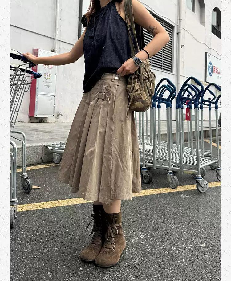 Strapped & Pleated Midi Skirt Korean Street Fashion Skirt By Made Extreme Shop Online at OH Vault
