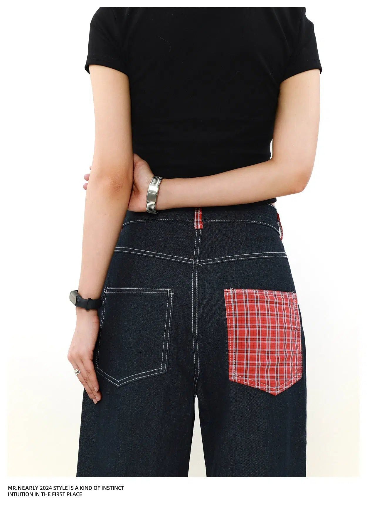 Asymmetric Plaid Pocket Jeans Korean Street Fashion Jeans By Mr Nearly Shop Online at OH Vault