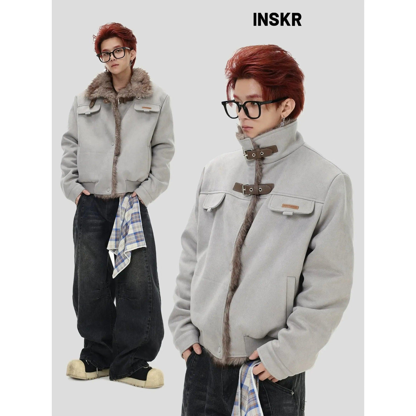 Strapped Fur-Trimmed Micro Suede Jacket Korean Street Fashion Jacket By INS Korea Shop Online at OH Vault