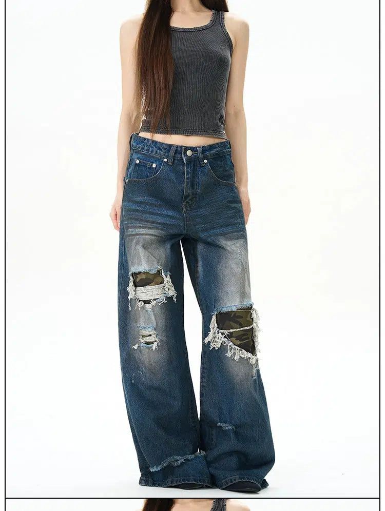 Distressed Camo Patched Jeans Korean Street Fashion Jeans By 77Flight Shop Online at OH Vault