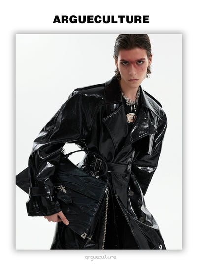 Shiny Faux Leather Trench Coat Korean Street Fashion Long Coat By Argue Culture Shop Online at OH Vault