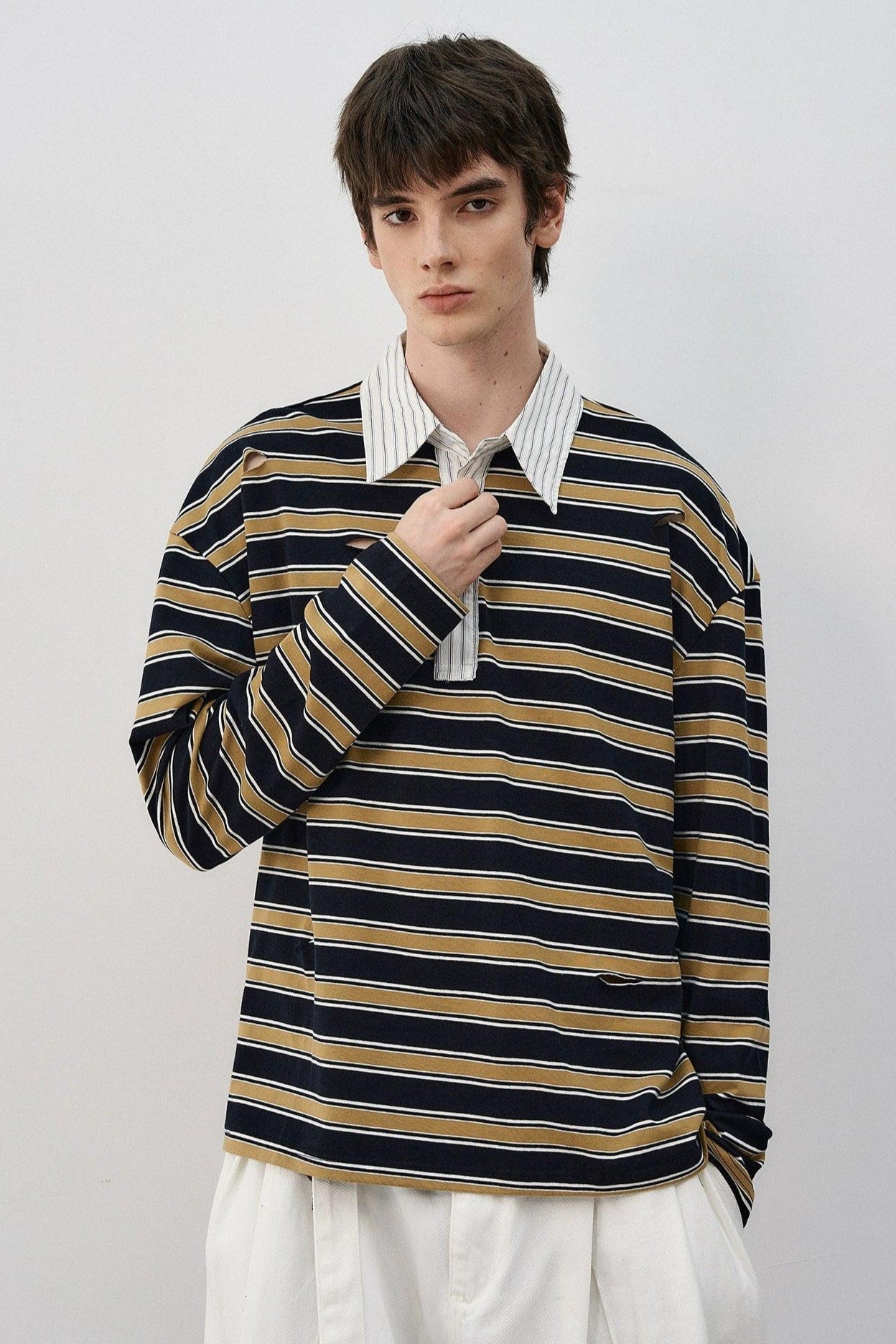 Spliced Collar Striped L/S T-Shirt Korean Street Fashion T-Shirt By MaxDstr Shop Online at OH Vault