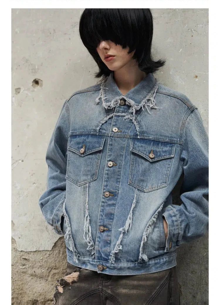 Gradient Fade Raw Edge Denim Jacket Korean Street Fashion Jacket By 11St Crops Shop Online at OH Vault