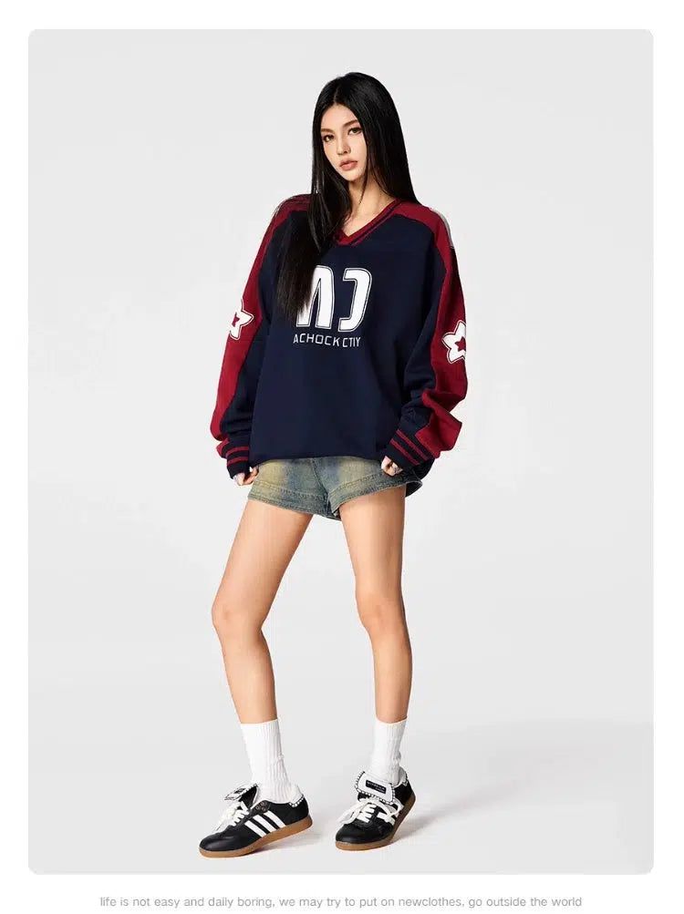 Oversized Sports V-Neck Long Sleeve T-Shirt Korean Street Fashion T-Shirt By A Chock Shop Online at OH Vault