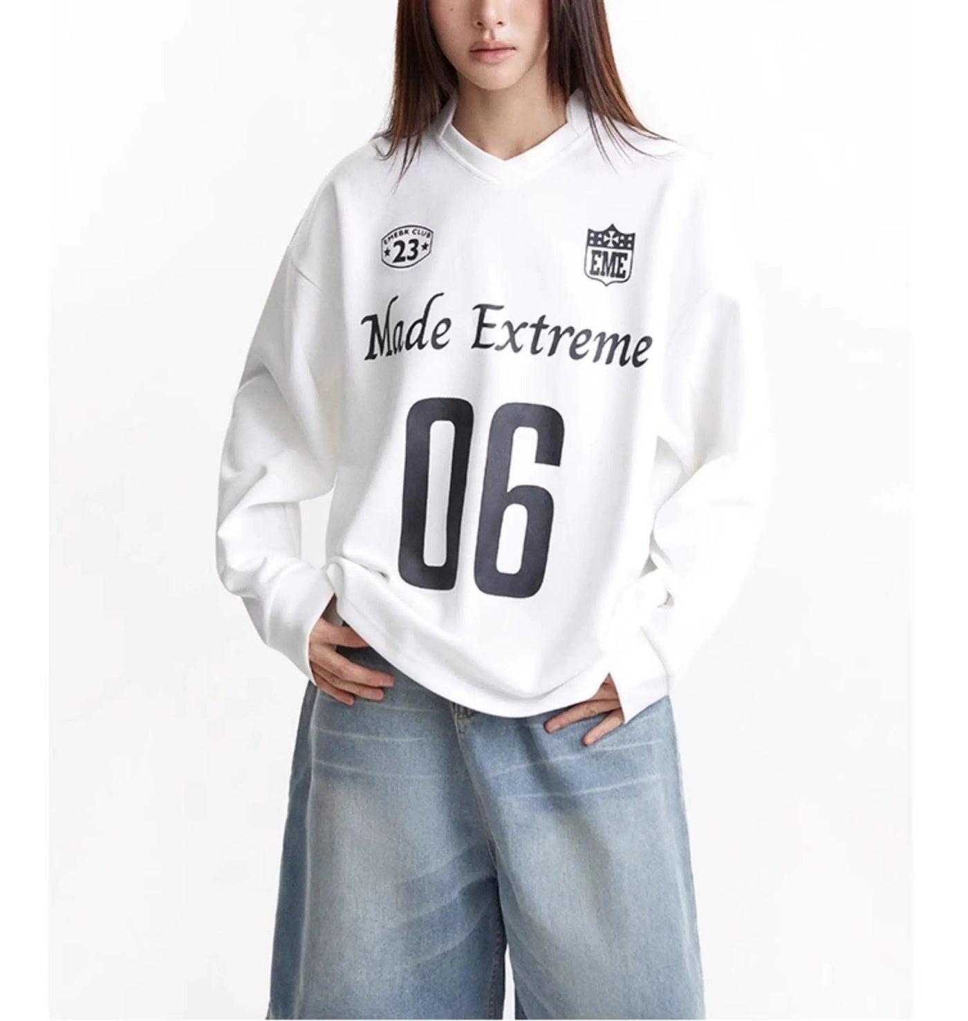 Sports Logo Print V-Neck Crewneck Korean Street Fashion Crewneck By Made Extreme Shop Online at OH Vault