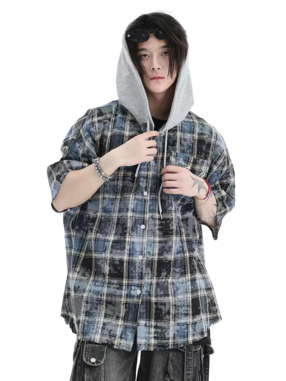 Spliced Hoodie Plaid Shirt Korean Street Fashion Shirt By INS Korea Shop Online at OH Vault