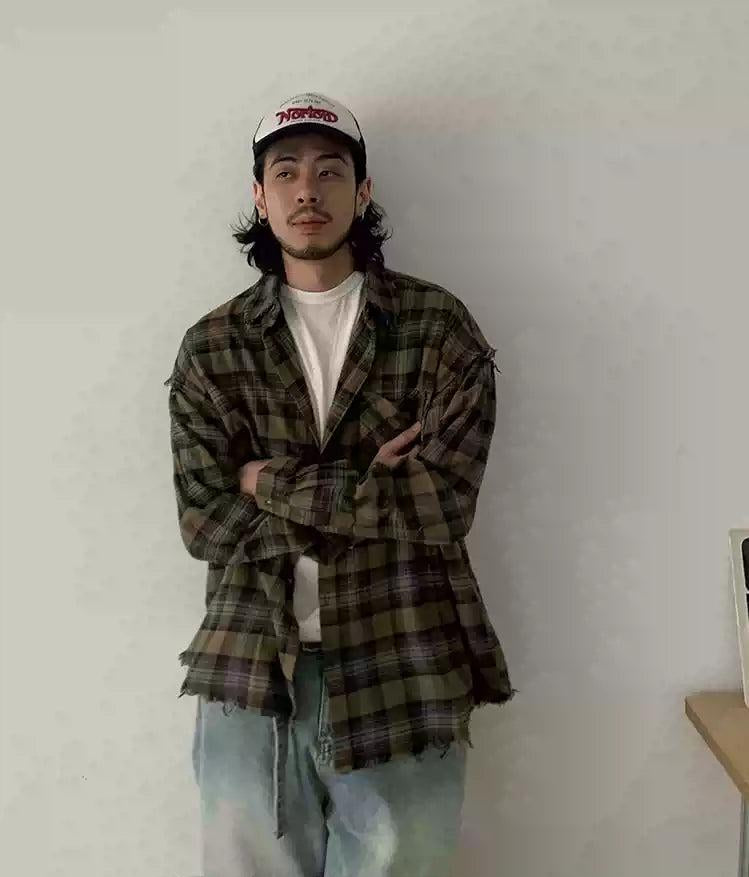 Raw Ends Plaid Pattern Shirt Korean Street Fashion Shirt By In Knots Shop Online at OH Vault