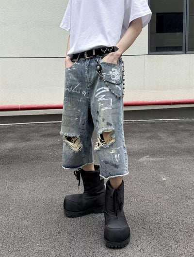 Graffiti Distressed Denim Shorts Korean Street Fashion Shorts By Ash Dark Shop Online at OH Vault
