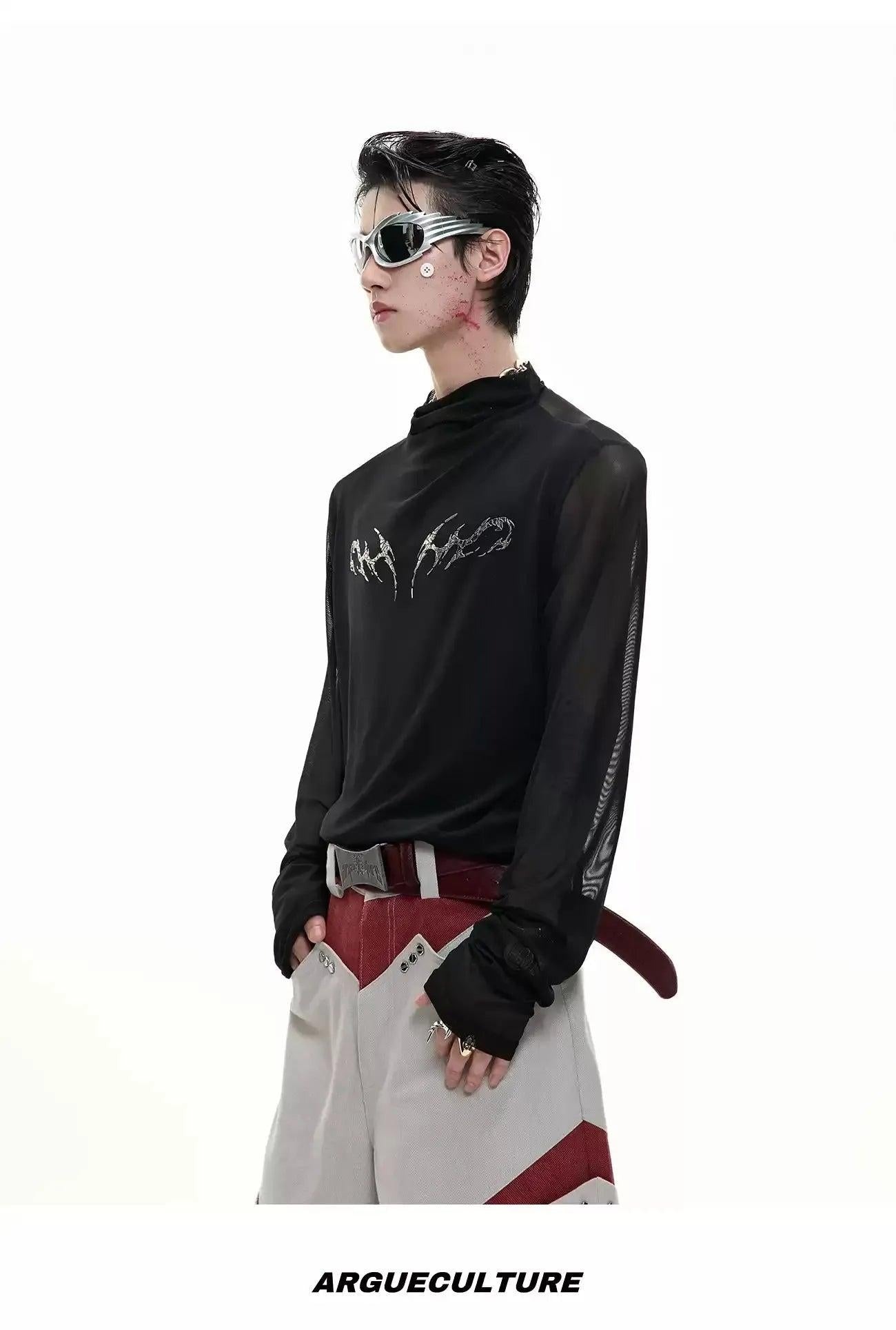 Metallic Print Mesh Long Sleeve T-Shirt Korean Street Fashion T-Shirt By Argue Culture Shop Online at OH Vault