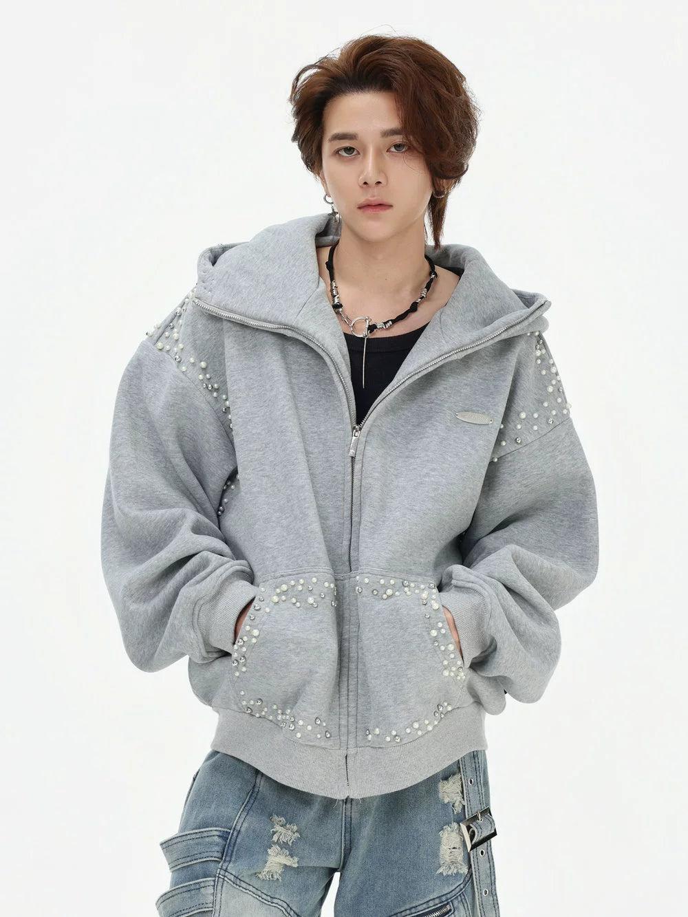 Pearled Outline Zip-Up Hoodie Korean Street Fashion Hoodie By INS Korea Shop Online at OH Vault