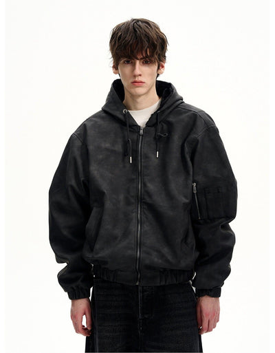 Drawstring Hooded PU Leather Jacket Korean Street Fashion Jacket By MaxDstr Shop Online at OH Vault