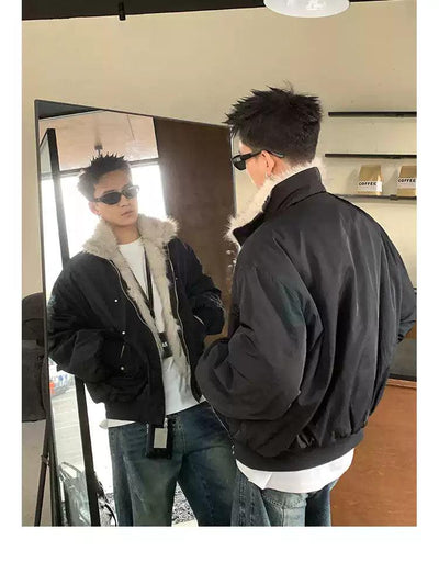 Fur-Trim Contrast Bomber Jacket Korean Street Fashion Jacket By Poikilotherm Shop Online at OH Vault