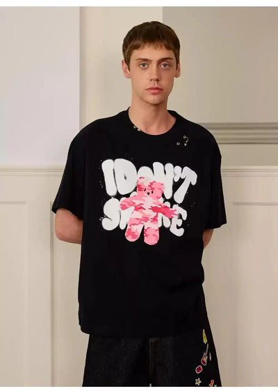 Bear and Graffiti Logo T-Shirt Korean Street Fashion T-Shirt By Donsmoke Shop Online at OH Vault