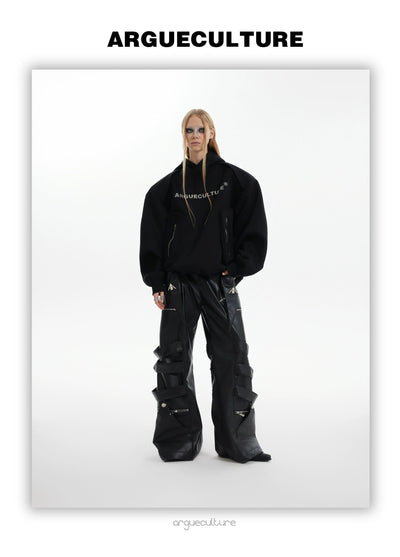 Multi-Zippers and Straps PU Leather Pants Korean Street Fashion Long Coat By Argue Culture Shop Online at OH Vault