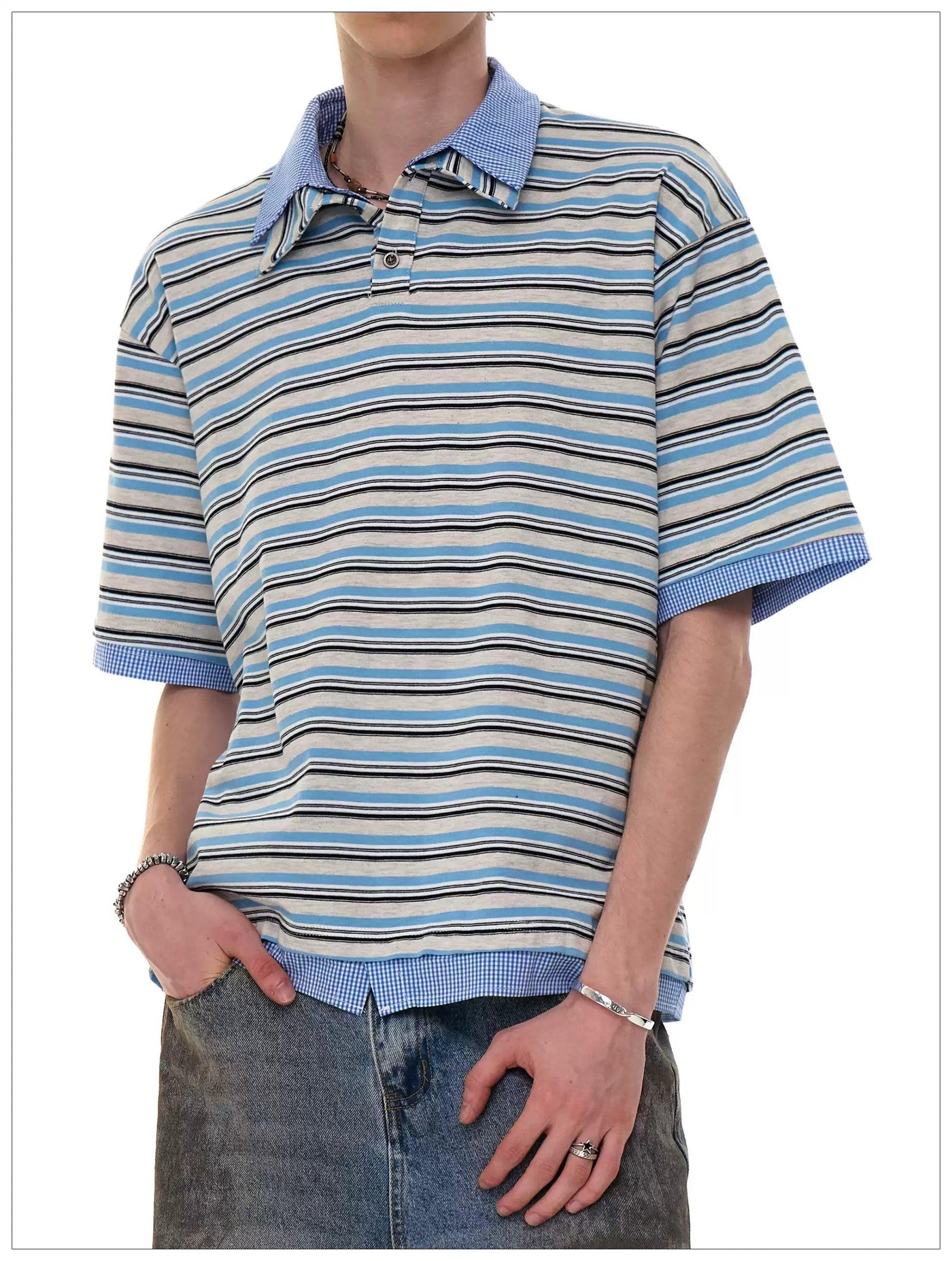 Stripe and Plaid Spliced Polo Korean Street Fashion Polo By Mr Nearly Shop Online at OH Vault