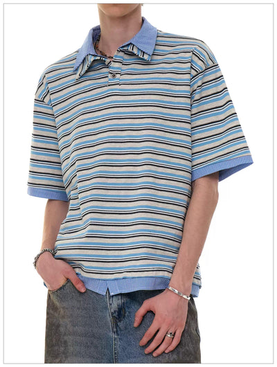 Stripe and Plaid Spliced Polo Korean Street Fashion Polo By Mr Nearly Shop Online at OH Vault