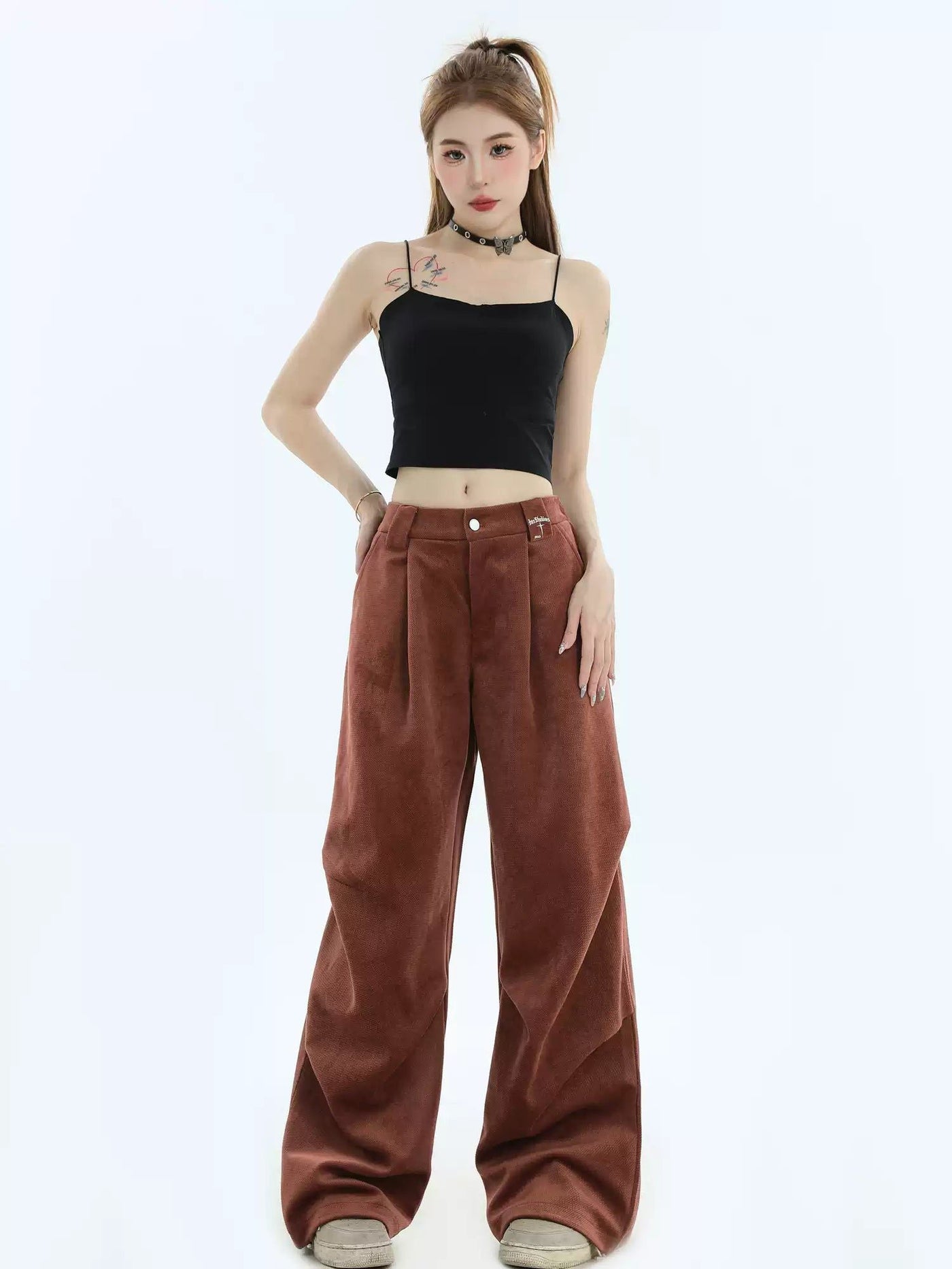 Textured & Pleated Straight Pants Korean Street Fashion Pants By INS Korea Shop Online at OH Vault