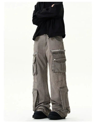 Washed Functional Cargo Jeans Korean Street Fashion Jeans By A PUEE Shop Online at OH Vault