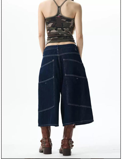 Stitched Structured Denim Shorts Korean Street Fashion Shorts By 77Flight Shop Online at OH Vault