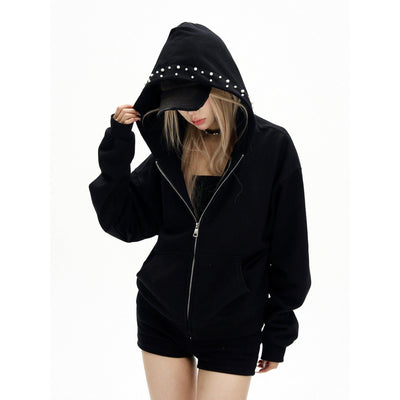 Kangaroo Pocket Pearl Detail Zip-Up Hoodie Korean Street Fashion Hoodie By MaxDstr Shop Online at OH Vault